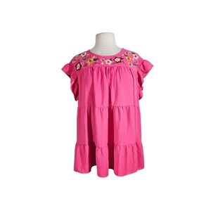 NWT Oddi Boutique Fuschia Pink Floral Embroidered Flutter Sleeve Tunic Top